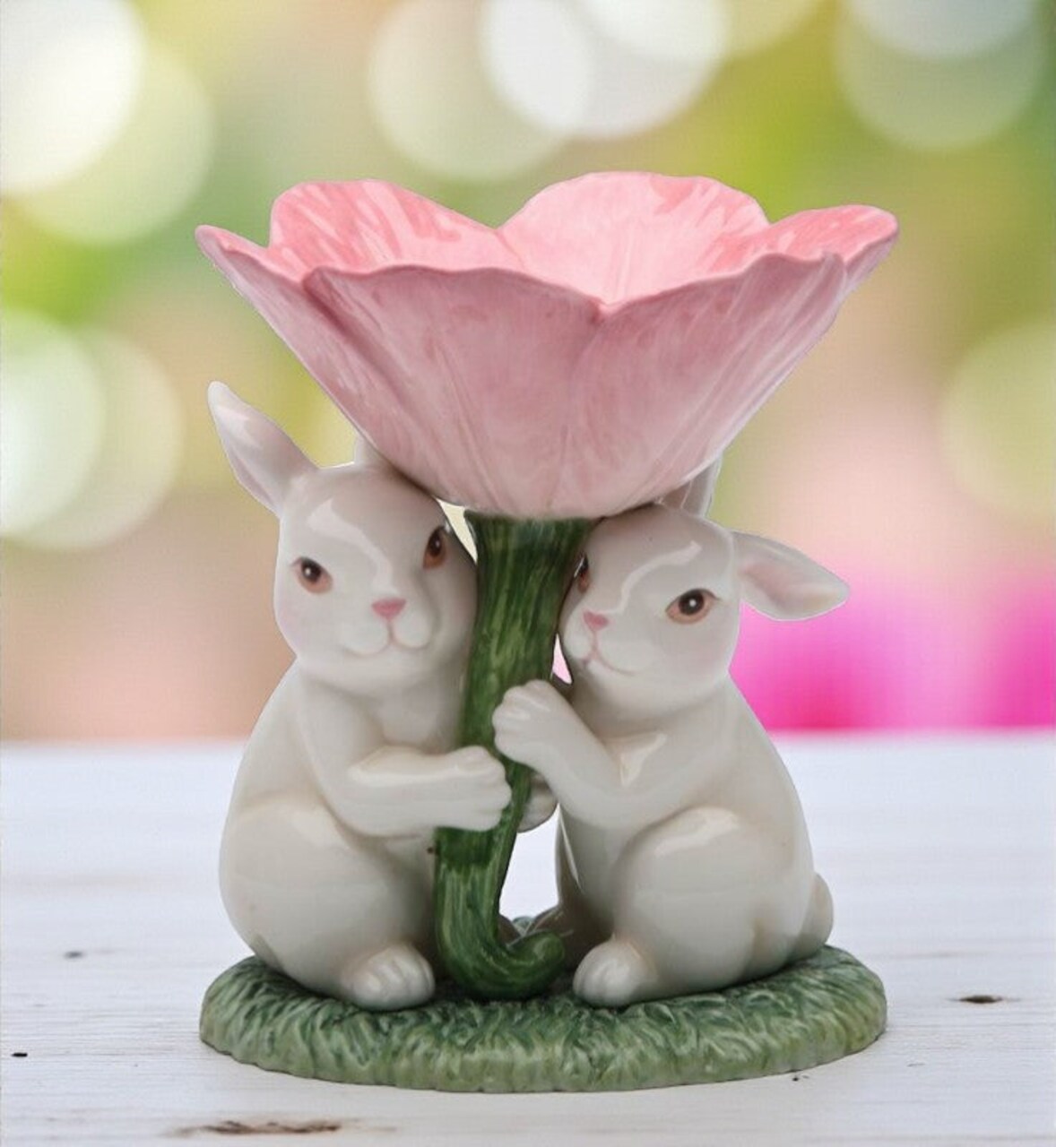 Ceramic Easter Bunny Rabbits with Pink Flower Candle Holder, Gift for Her, Gift for Mom, Kitchen Décor, Spring Décor, Easter Décor